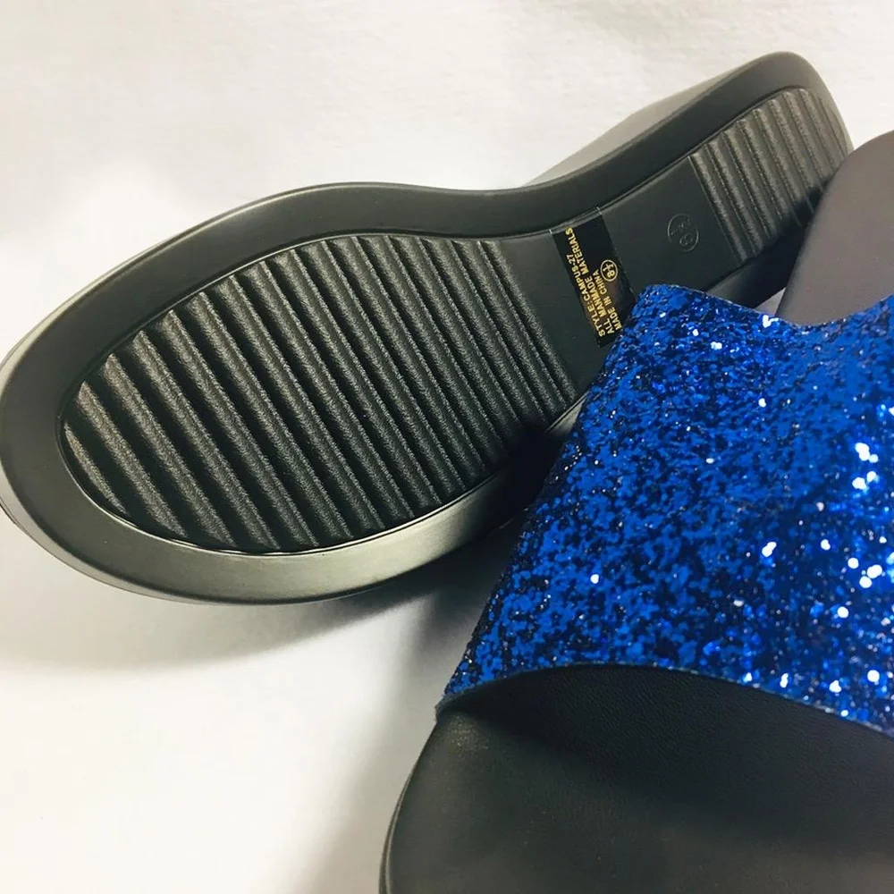 Women’s Slip On Raised Platform Sandals - Blue Glitter